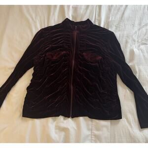 Ashley Stewart Burgundy Maroon Velvet Zip Up Ruched Pockets Long Sleeve